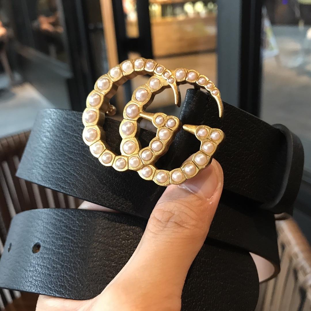 G*u*i leather belt with pearl double g buckle 476342