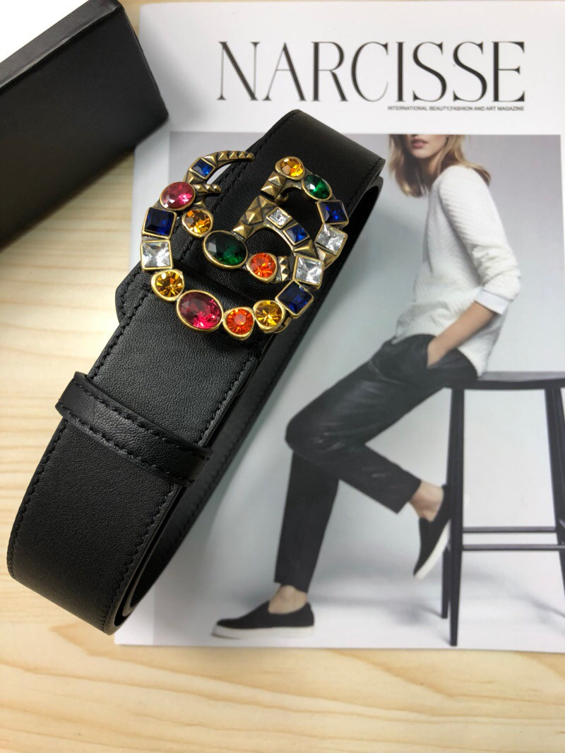 G*u*i leather belt with crystal double g buckle 513183