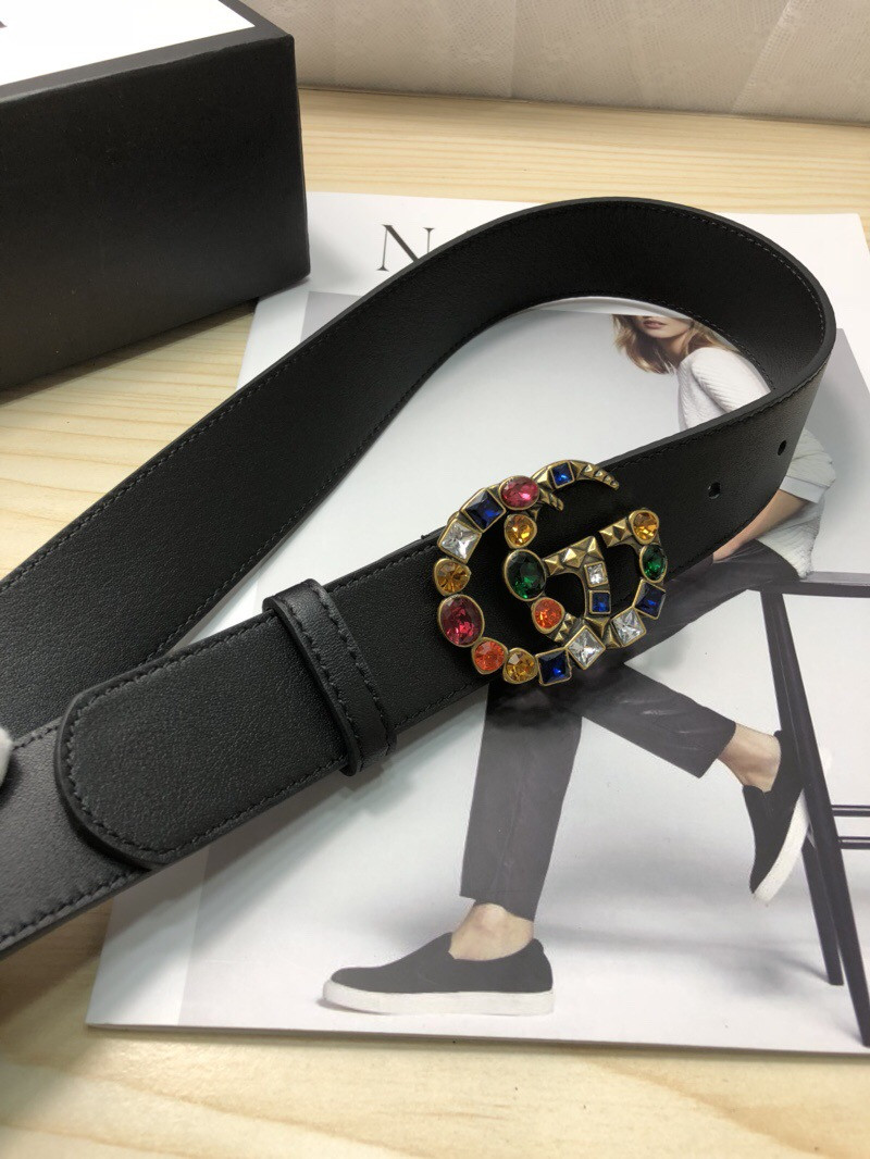 G*u*i leather belt with crystal double g buckle 513183