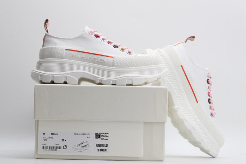 alex mcq tread slick lace up in white with red line