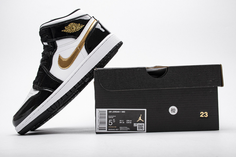 jordan 1 mid patent black white gold 852542-007
